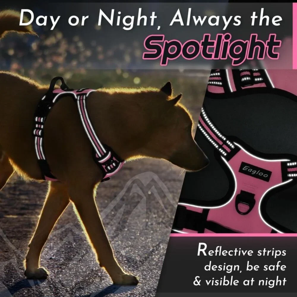 Eagloo Dog Harness Pink Black L No Pull Harness Reflective + Retractable Leash